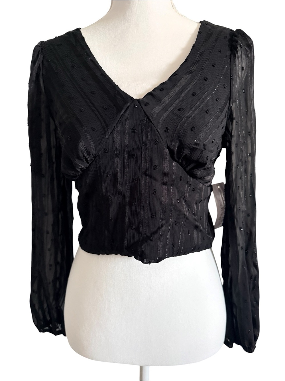 Black Textured V-Neck Long-Sleeve Blouse
